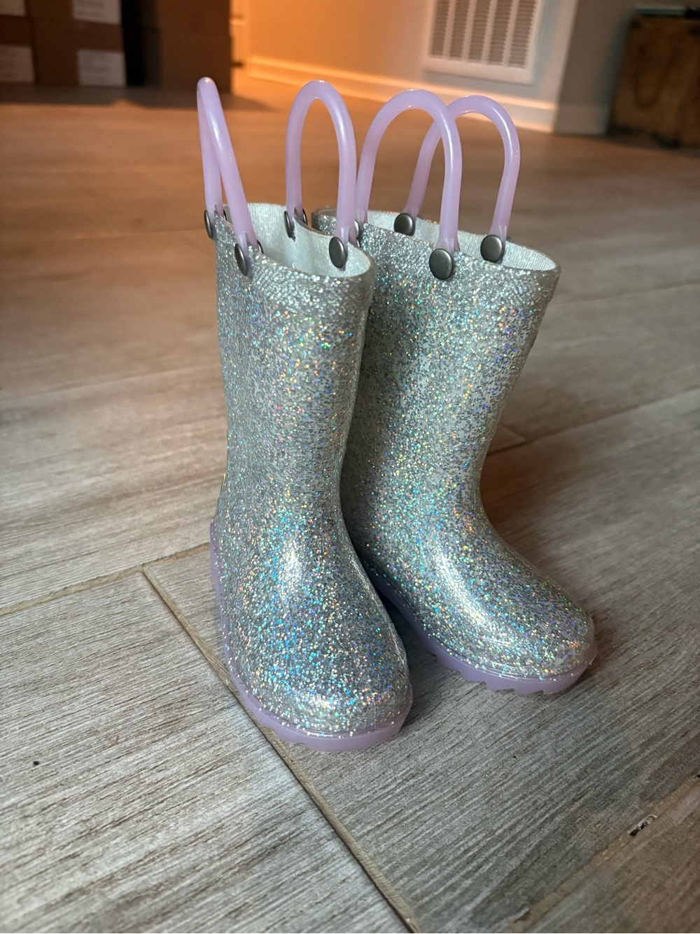 Kids Glitter Light Up Rain Boots with Purple Handles